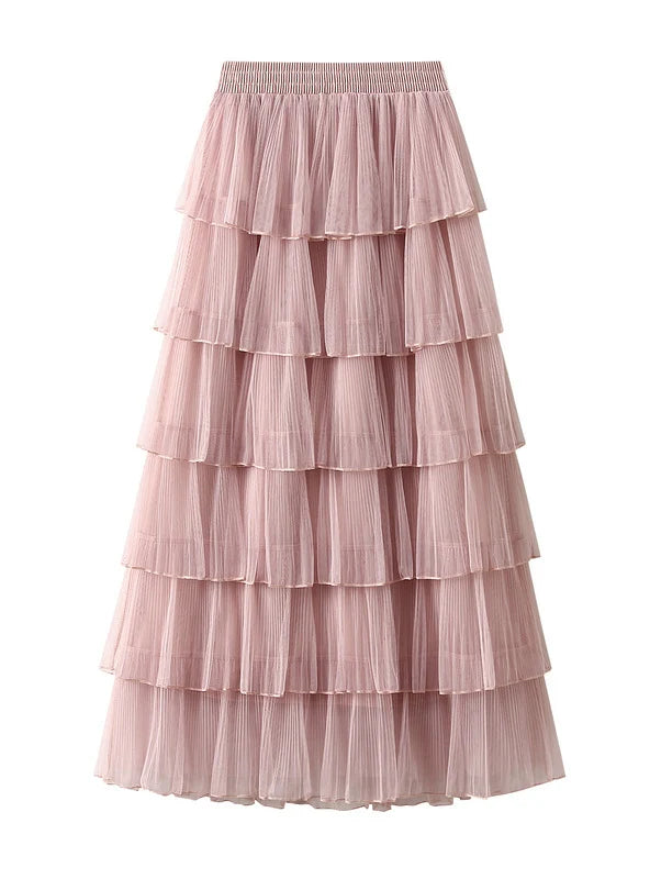 Women Elastic Waist Mesh Pleats Cake Skirt chiffon skirt airy