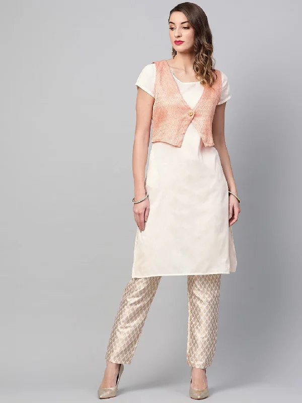 Women's Off-White & Peach-Coloured Solid Straight Kurta with Ethnic Jacket - AKS Herringbone Jacket Checkered Jacket Solid Jacket Women's Off-White & Peach-Coloured Solid Straight Kurta with Ethnic Jacket - AKS Herringbone Jacket Checkered Jacket Solid Jacket