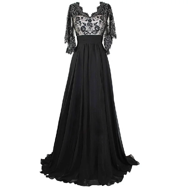 Lace Prom Dress, V-Neck Prom Dress, Chiffon Prom Dress, V-Back Prom Dress, Black Prom Dress, KX15 Tunics Sophisticated sleek