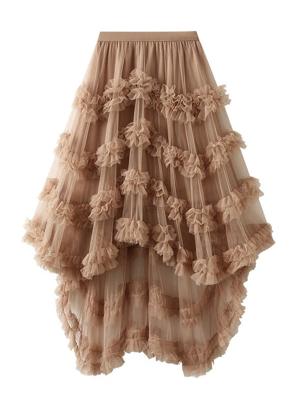 Irregular Flounce Elastic Waist Gauze Skirt lace skirt delicate