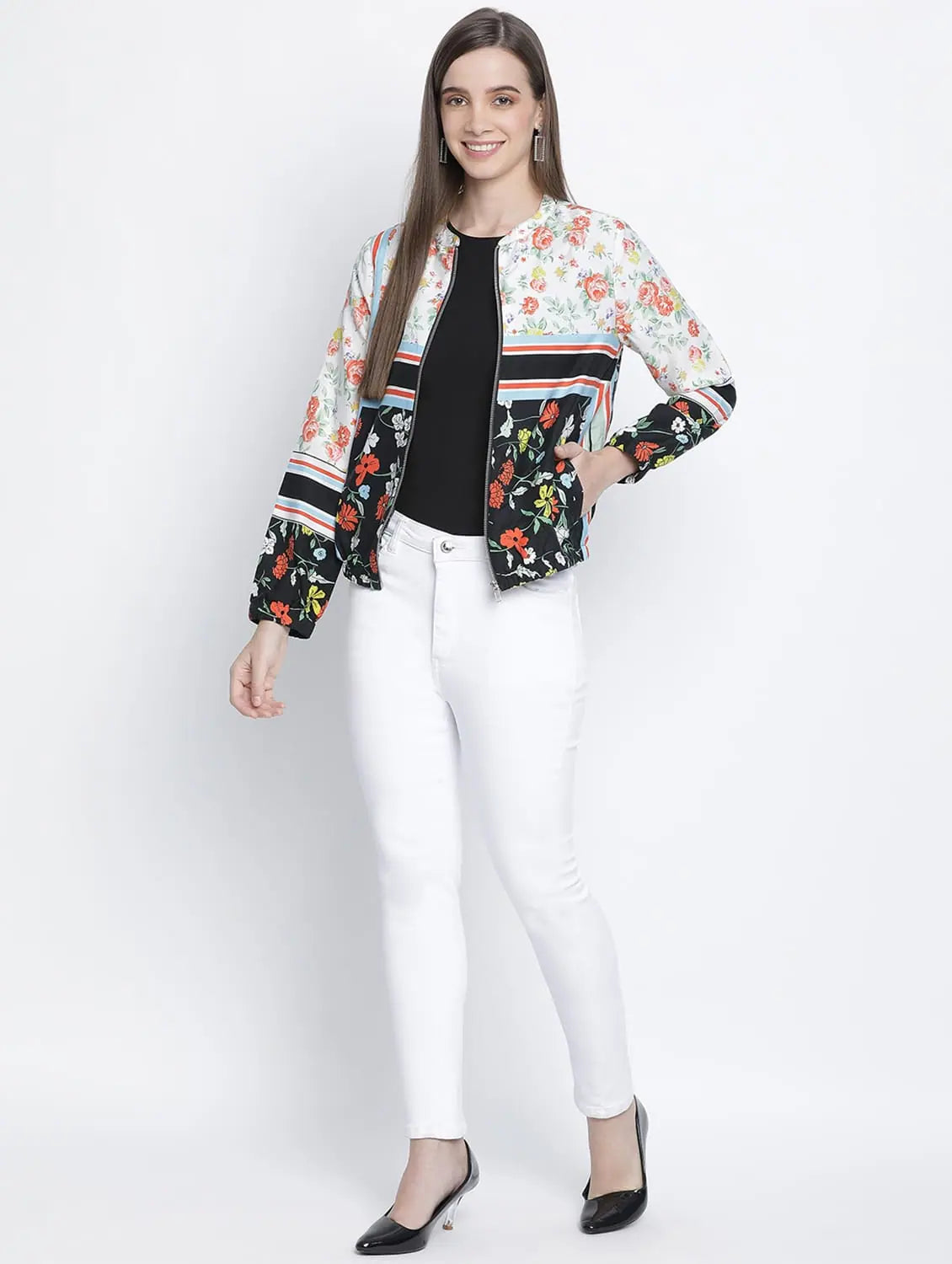 Women Printed Multicolor Round Neck Full Sleeve Jacket Wool Jacket Cashmere Jacket Tweed Jacket