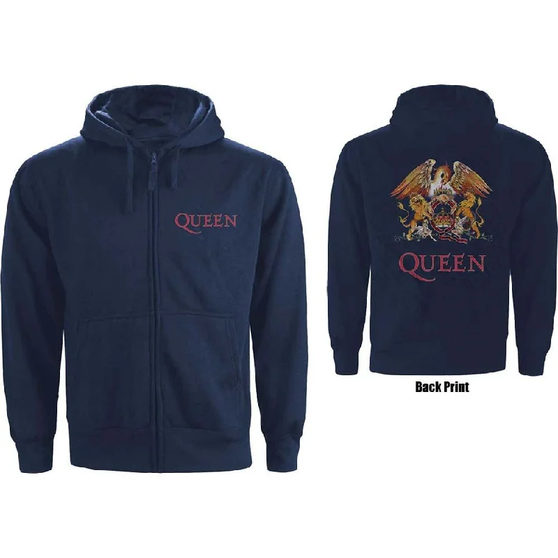 Queen Unisex Zipped Hoodie - Classic Crest (Back Print) - Navy Blue Zip-Up Unisex Official Licensed Design - Worldwide Shipping Hoodie with Neon Bright Vibrant Queen Unisex Zipped Hoodie - Classic Crest (Back Print) - Navy Blue Zip-Up Unisex Official Licensed Design - Worldwide Shipping Hoodie with Neon Bright Vibrant