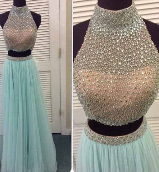 Tiffany Blue Two Pieces Tulle Evening Prom Dresses, Long Beaded Party Prom Dress, Custom Long Prom Dresses, Cheap Formal Prom Dresses, 17050 Bodycon Club Sequined