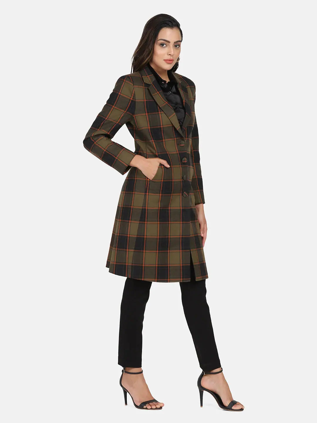 Women Checkered Standard Olive Collared Neck Full Sleeve Jacket Nylon Fabric Polyester Fabric Spandex Fabric