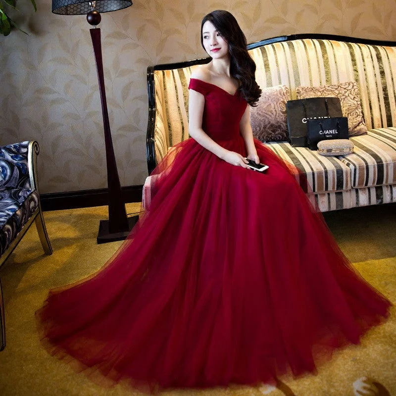 Off Shoulder Red A line Evening Prom Dresses, Long Tulle Party Prom Dress, Custom Long Prom Dresses, Cheap Formal Prom Dresses, 17069 Tunics Short Trendy
