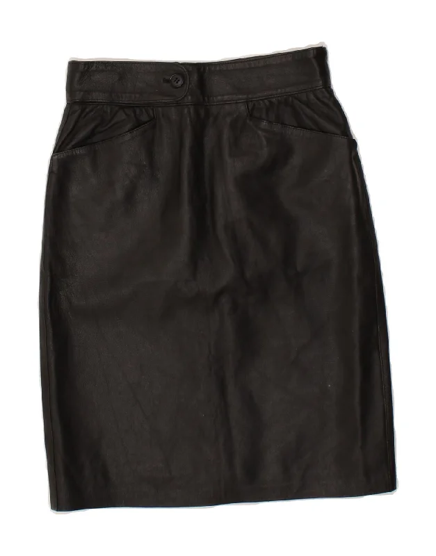VINTAGE Womens Leather Skirt IT 42 Medium W26 Black button skirt front