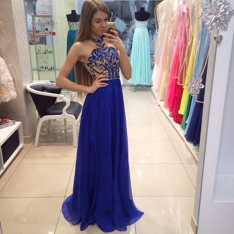 Royal  Blue Beaded Long Evening Prom Dresses, Chiffon Halter Party Prom Dress, Custom Long Prom Dresses, Cheap Formal Prom Dresses, 17046 Elegant Long Evening