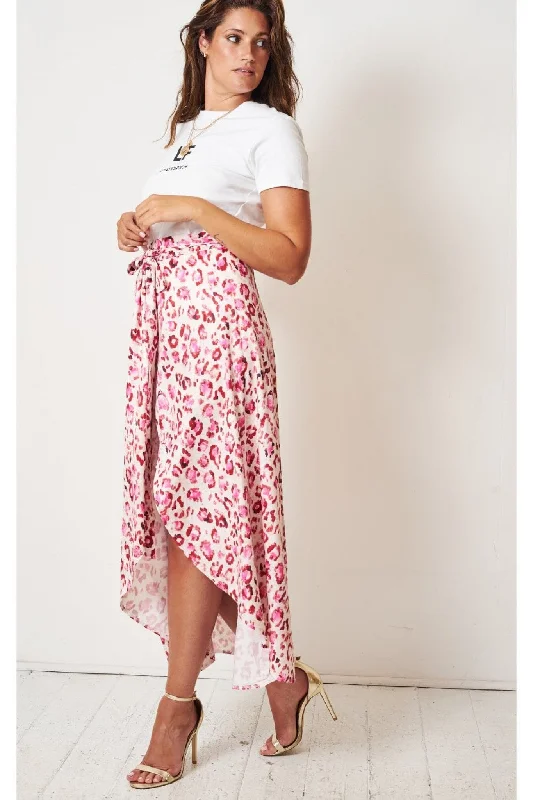 Love Frontrow Pink Leopard Print Maxi Wrap Skirt spandex blend skirt
