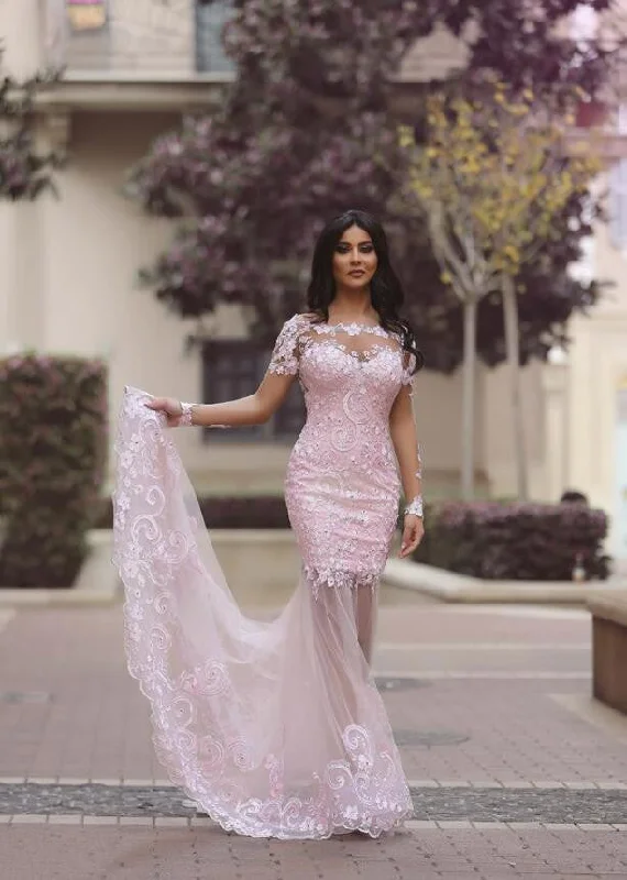 Long Sleeve Pink Lace Mermaid Evening Prom Dresses, Sexy See Through Party Prom Dress, Custom Long Prom Dresses, Cheap Formal Prom Dresses, 17042 Tunics Trendy modern