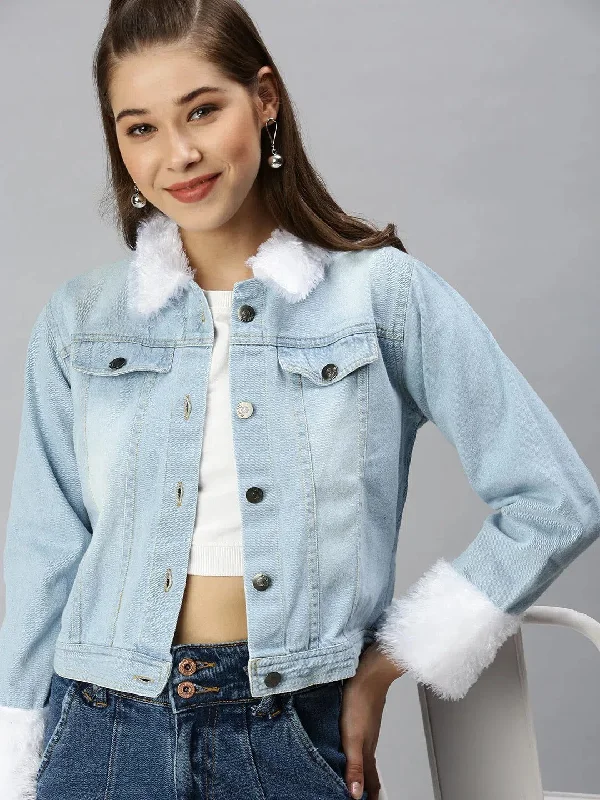 Women's Blue Solid Denim Jacket Jackets-AE-999154-Blue Insulated Jacket Fitted Jacket Loose Jacket