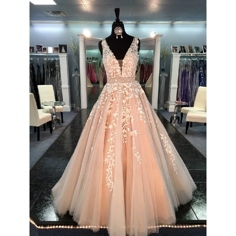 Lace Tulle A line Evening Prom Dresses, Sexy Deep V Neckline Party Prom Dress, Custom Long Prom Dresses, Cheap Formal Prom Dresses, 17053 Shift Classic Vintage