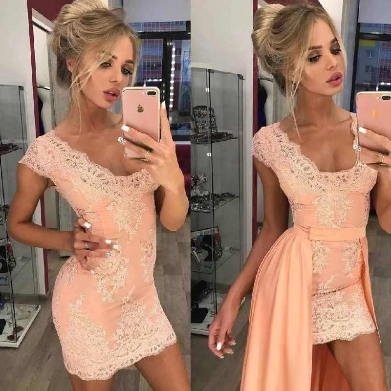 Detachable V-Neck Lace Prom Dress, Charming Cap Sleeve Prom Dress, KX193 Tunics Hiking breathable