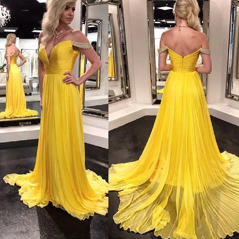 Bright Yellow Off Shoulder Prom Dresses, Charming Backless Chiffon Beaded A-Line Prom Dresses, KX185 Tunics Hiking breathable