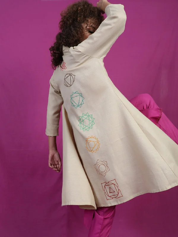 Women's Beige Seven Chakras Block Print Jacket - Aks Welt Pockets Slit Pockets Flap Pockets