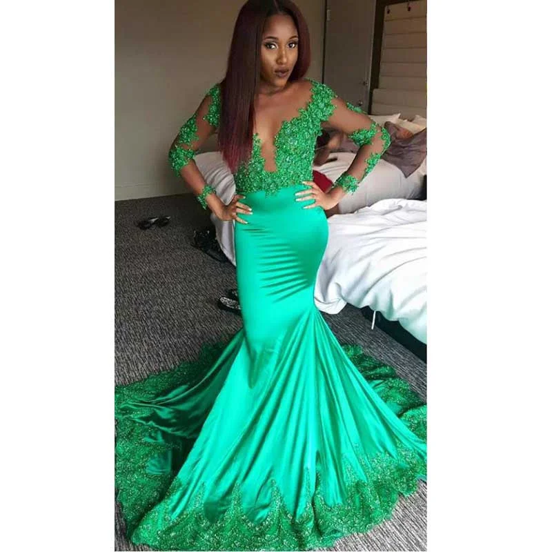 Long Sleeve Lace Mermaid Evening Prom Dresses, 2017 Long Green Prom Dress, Custom Long Prom Dress, Cheap Party Prom Dress, Formal Prom Dress, 17036 Tunics Sophisticated sleek