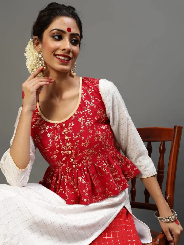 Women's Red Gold Printed Kurta With Jacket - Aks Rayon Jacket Velvet Jacket Corduroy Jacket