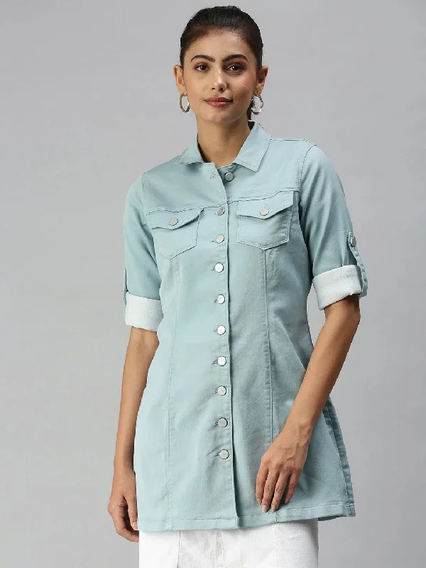 Women's Green Solid Denim Jacket Jackets-LT-10325-Seagreen Cotton Jacket Linen Jacket Terry Jacket