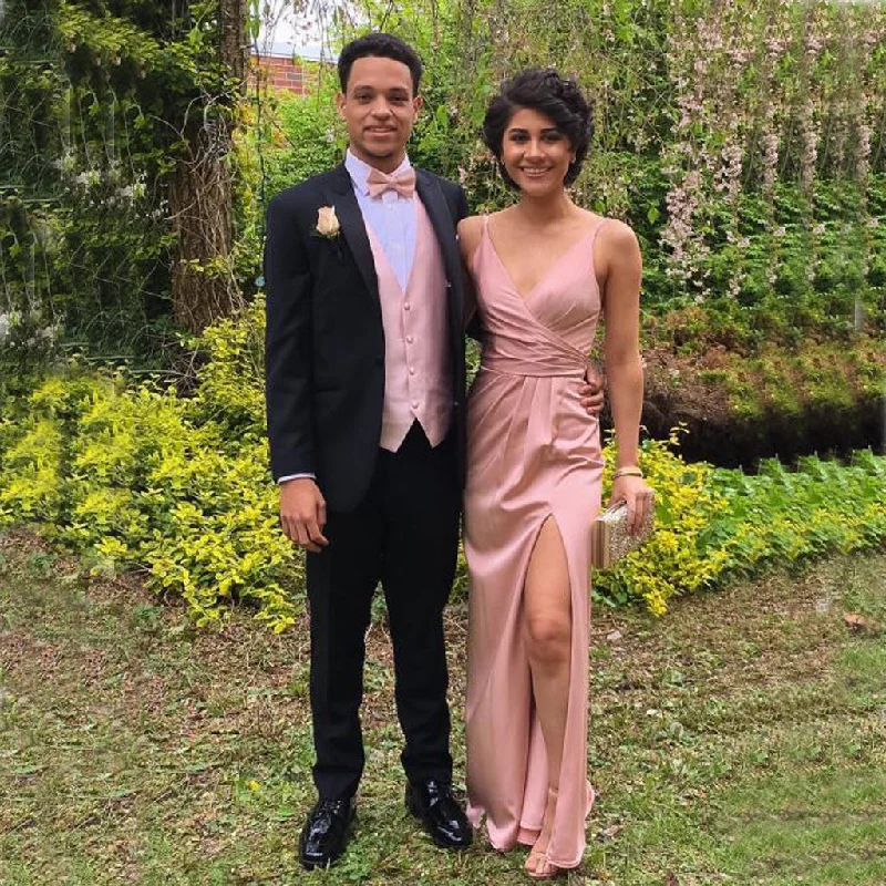 Sexy V-Neck Backless Pleated Side Split Soft Satin V-Neck Prom Dresses, KX136 Tunics Brand named
