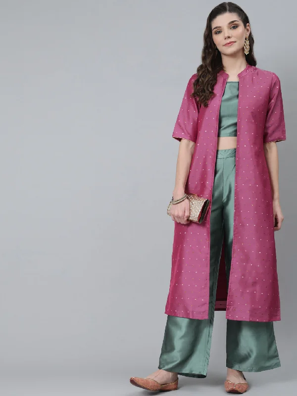 Women's Pink Dobby Tafetta Co Ord Set With Jacket - Aks Hooded Jacket Caped Jacket Shawl Collar Jacket