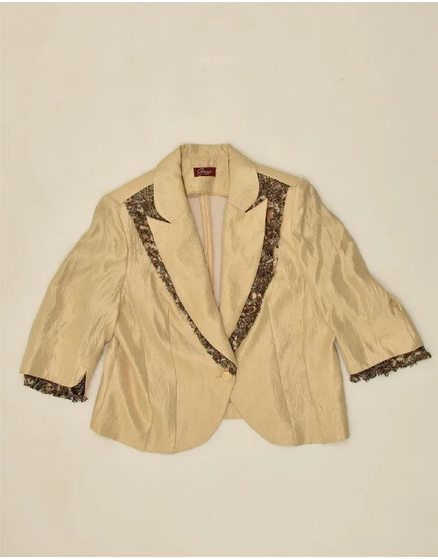 VINTAGE Womens 1 Button Blazer Jacket UK 14 Large Beige Patchwork V-Neck Jacket Boat Neck Jacket Square Neck Jacket