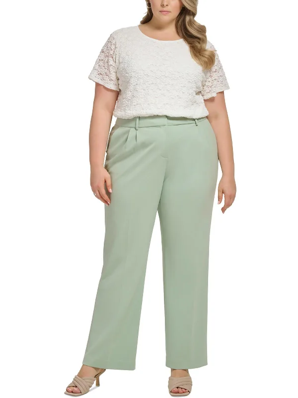 Plus Womens High Rise Pleated Wide Leg Pants Cozy Lounge Pants