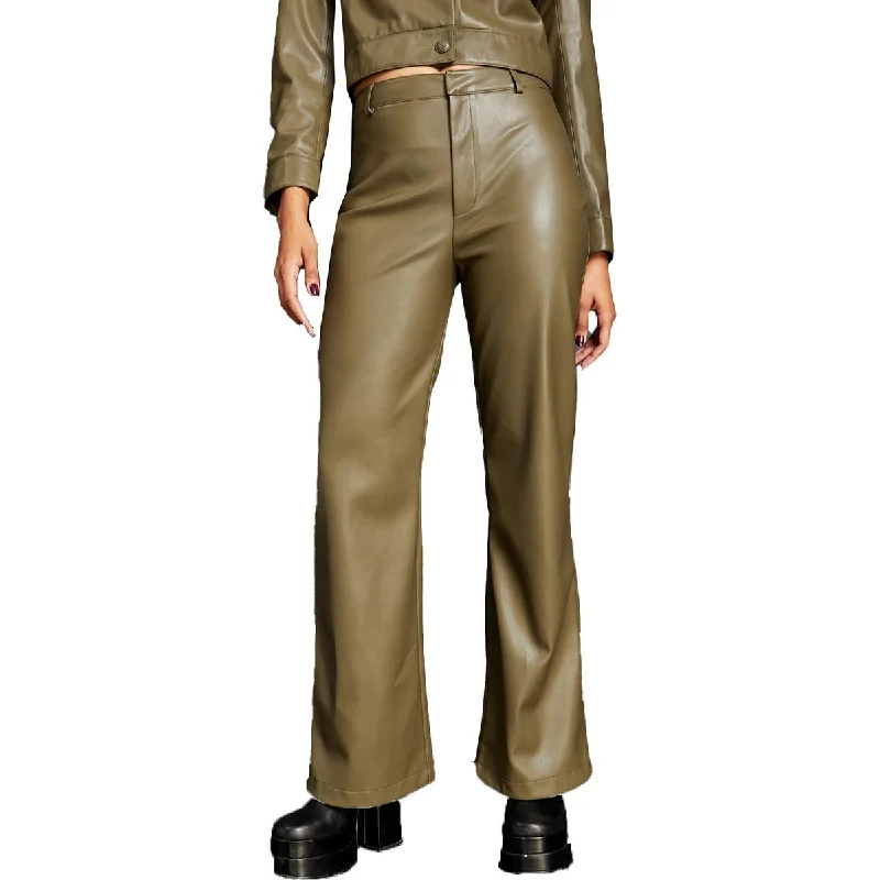 Womens Faux Leather High Waist Flared Pants Stylish Slim Trousers