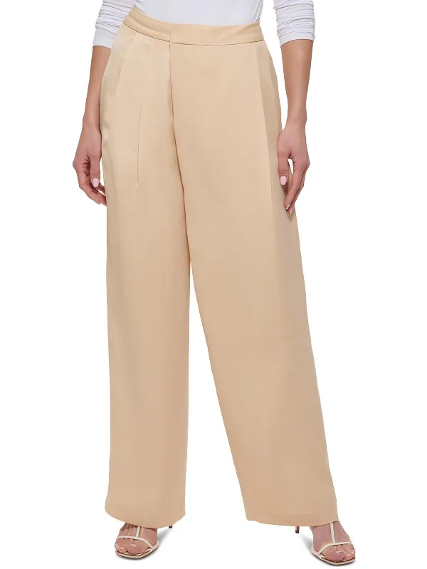 Plus Womens High Rise Pleated Wide Leg Pants Casual Drawstring Pants