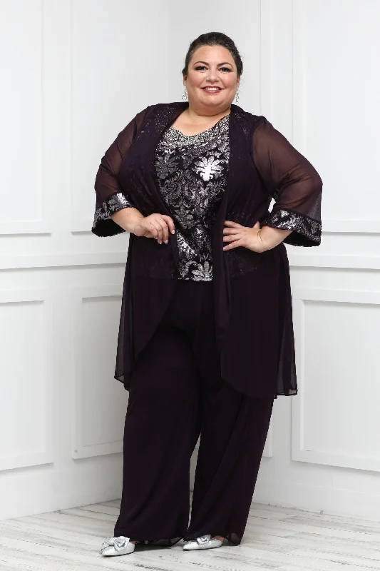 Women Plus-Size Stunning Three-Piece Beaded Neck Duster Pant Set Formal Wide-Leg Pants