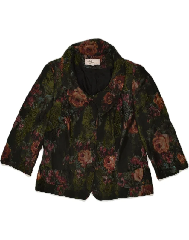 VINTAGE Womens 4 Button Blazer Jacket IT 42 Medium Green Floral Collared Jacket Crew Neck Jacket Turtle Neck Jacket