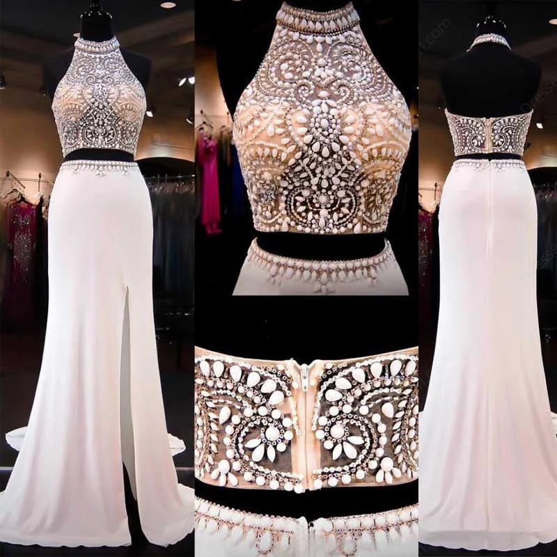Two Pieces Mermaid Evening Prom Dresses, 2017 Long Halter Beaded Prom Dress, Custom Long Prom Dress, Cheap Party Prom Dress, Formal Prom Dress, 17035 Tunics Stylish modern