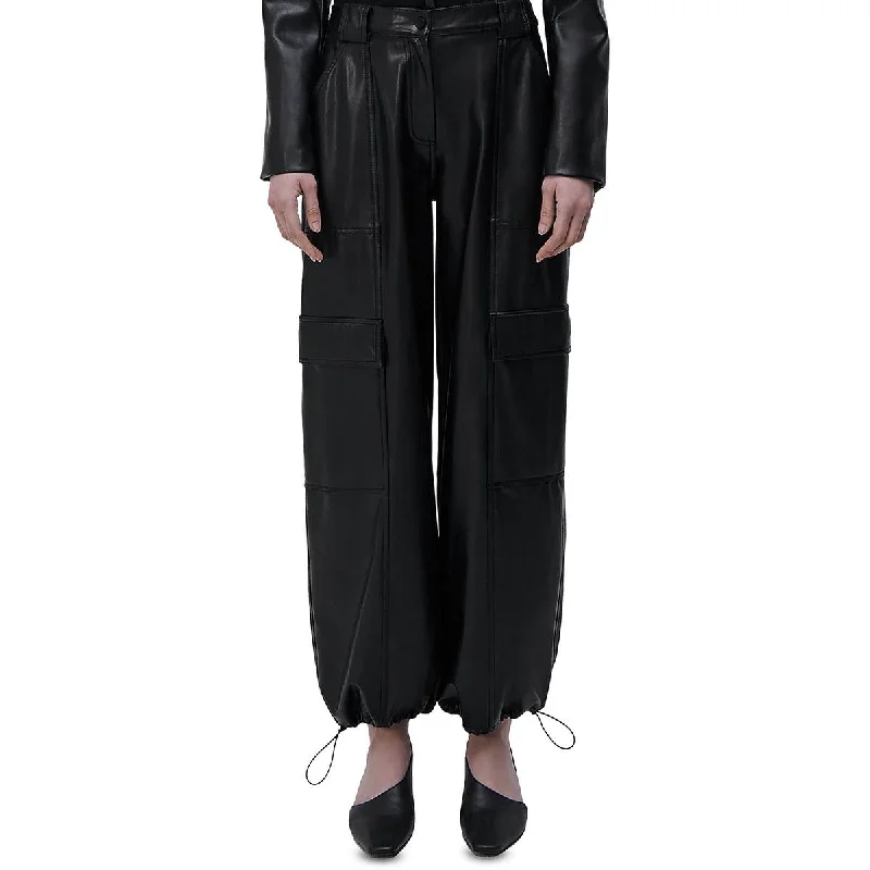 Sofia Womens Vegan Leather Drawstring Cargo Pants Comfy Cargo Trousers