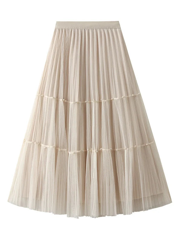High Waist Pleated Beaded Gauze Skirt On both Sides wrap skirt elegant