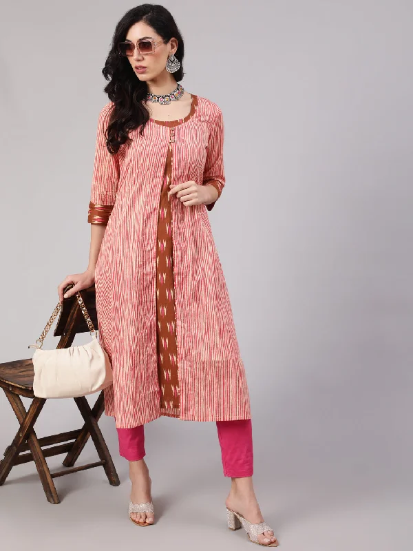 Women's Brown Ikat Print Kurta With Striped Jacket - Aks Faux Fur Jacket Real Fur Jacket Shearling Jacket