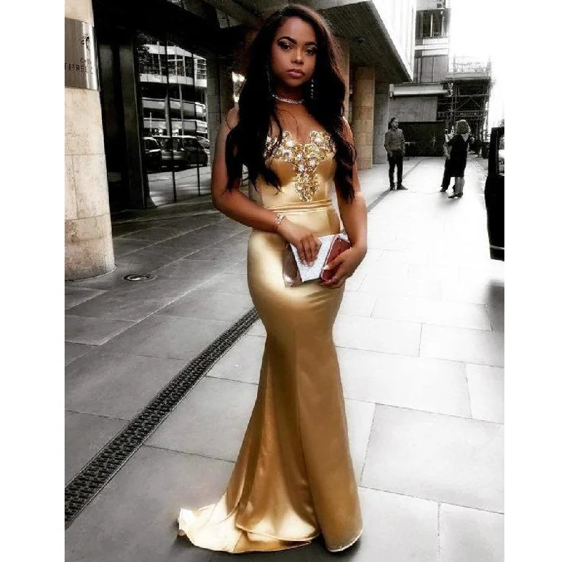 Gold Charming Mermaid Backles Prom Dresses, Sweet Heart Beaded Soft Satin Prom Dresses, KX192 Tunics Office stylish