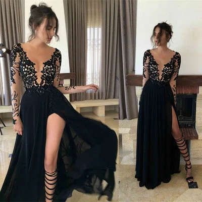 Long Sleeve Black Mermaid Evening Prom Dresses, Sexy Deep V Neckline Slit Party Prom Dress, Custom Long Prom Dresses, Cheap Formal Prom Dresses, 17076 Tunics Lace romantic