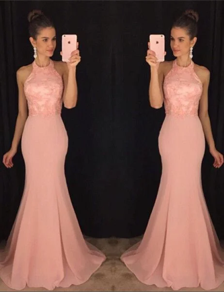 Halter Blush Pink Mermaid Evening Prom Dresses, 2017 Long Party Prom Dress, Custom Long Prom Dresses, Cheap Formal Prom Dresses, 17063 Crew Neckline Casual