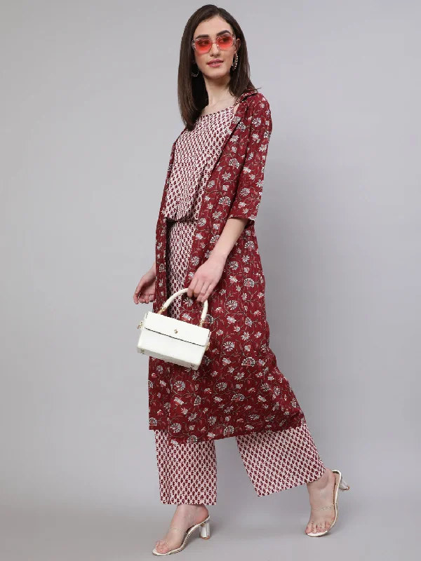 Women's Maroon Ethnic Motif Co Ord Set with Jacket - Aks Knit Jacket Woven Jacket Fleece Jacket