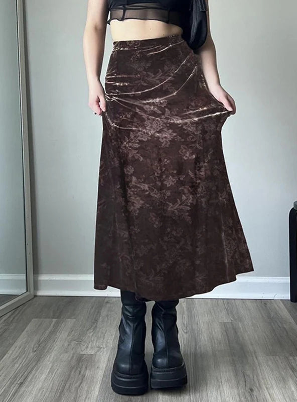 Retro Printed High Waist Slim Velvet Skirt denim skirt classic