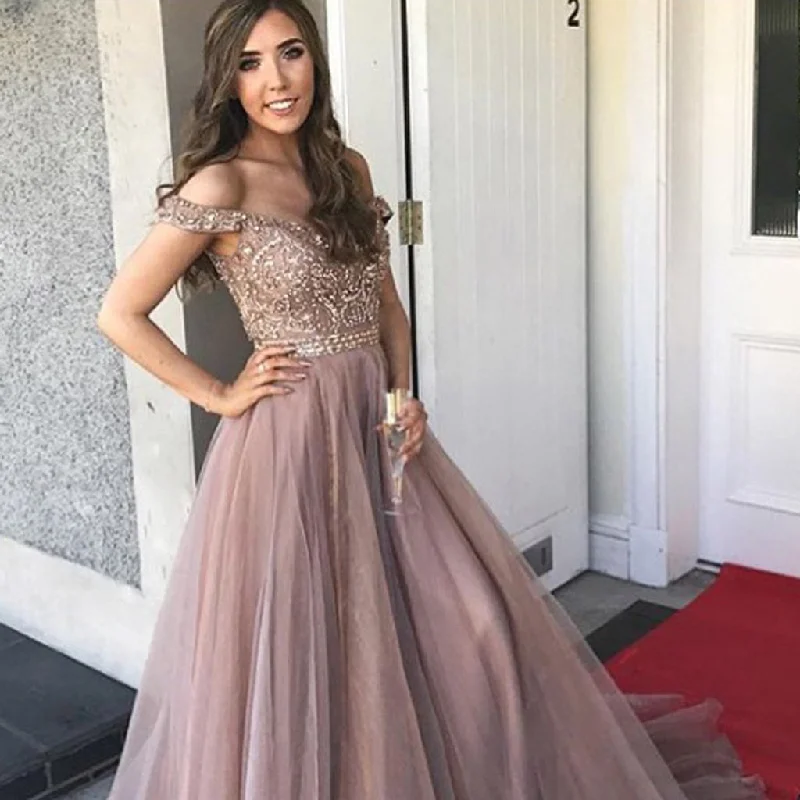 Off the Shoulder Prom Dress, Tulle Prom Dress, Beaded Prom Dress, A-Line Prom Dress, Backless Prom Dress, KX99 Tunics Timeless classic