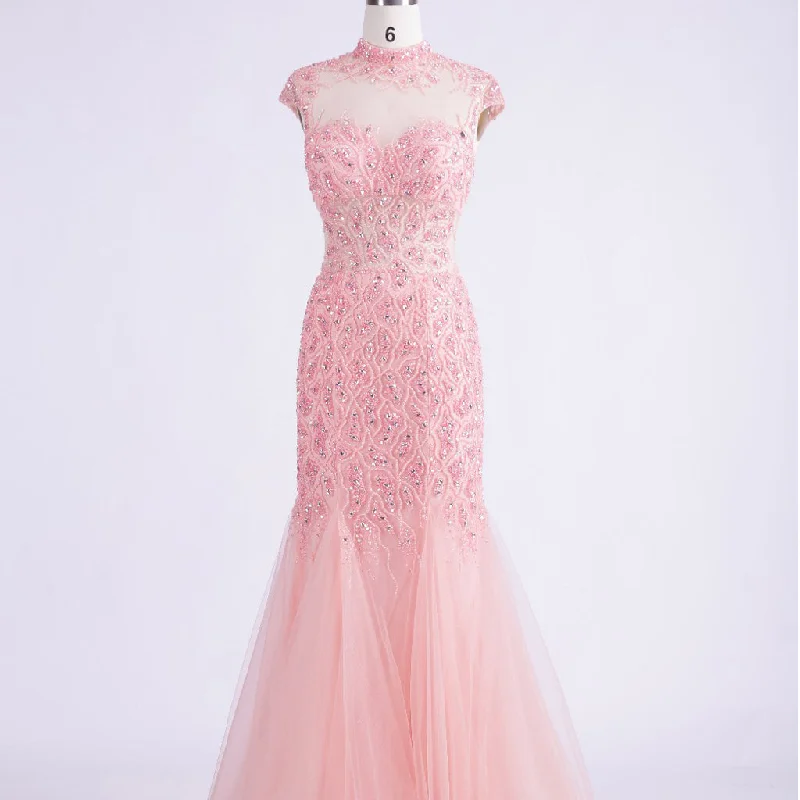 Long Prom Dresses, High Neck Prom Dresses, Tulle Party Prom Dresses, Cap Sleeve Evening Dresses, Sexy Prom Dresses,  Beading Prom Dresses Online, LB0339 Tunics Floral girly