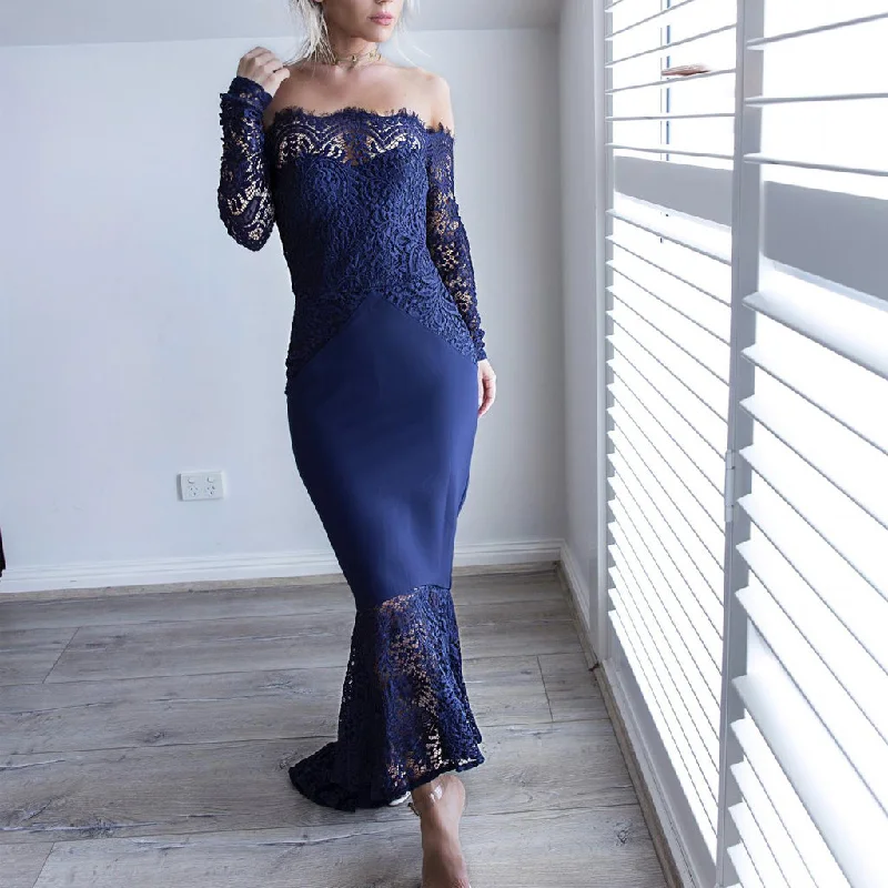 Off Shoulder Prom Dress, Jersey Mermaid Long Sleeve Prom Dress, Lace Party Dresses, LB0729 Tunics Denim casual