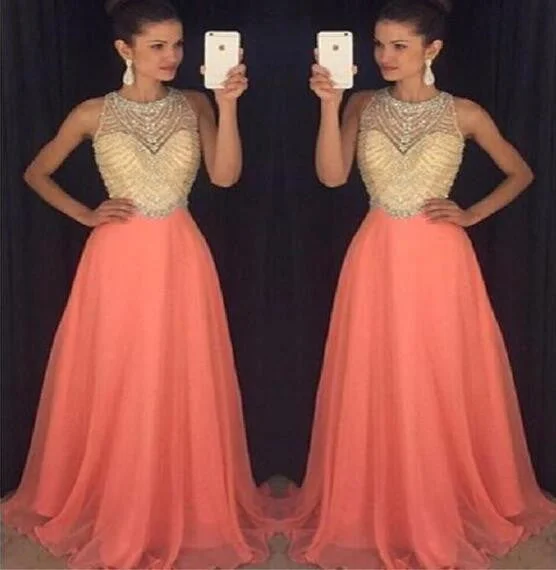 2017 Peach Halter Evening Prom Dresses, Long Beaded Party Prom Dress, Custom Long Prom Dresses, Cheap Formal Prom Dresses, 17068 Tunics Long Elegant