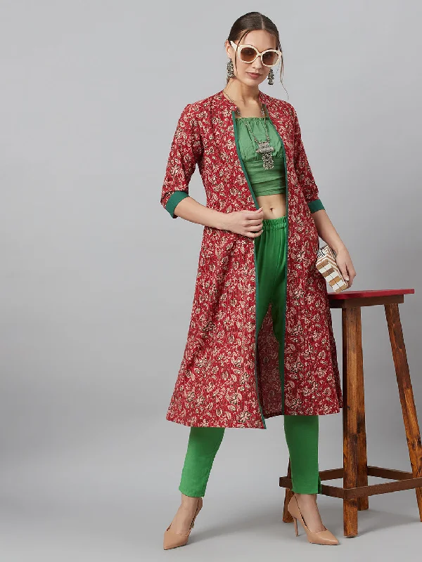 Women's Maroon Floral Print Kantha Work A-Line Jacket - Aks Appliqued Jacket Beaded Jacket Sequined Jacket