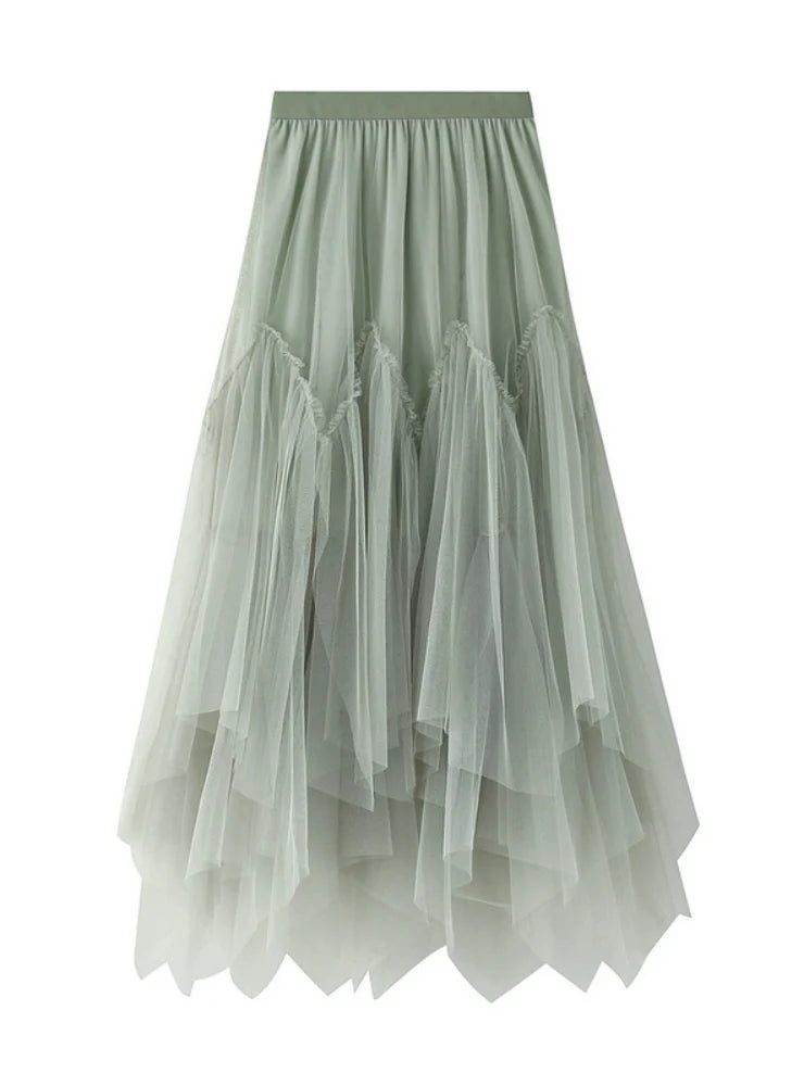 Irregular Pleated Gauze Skirt lace skirt romantic