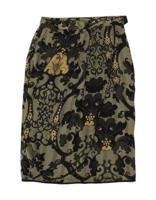 VINTAGE Womens Graphic Straight Skirt IT 44 Medium W28 Green Paisley Silk pleated skirt texture