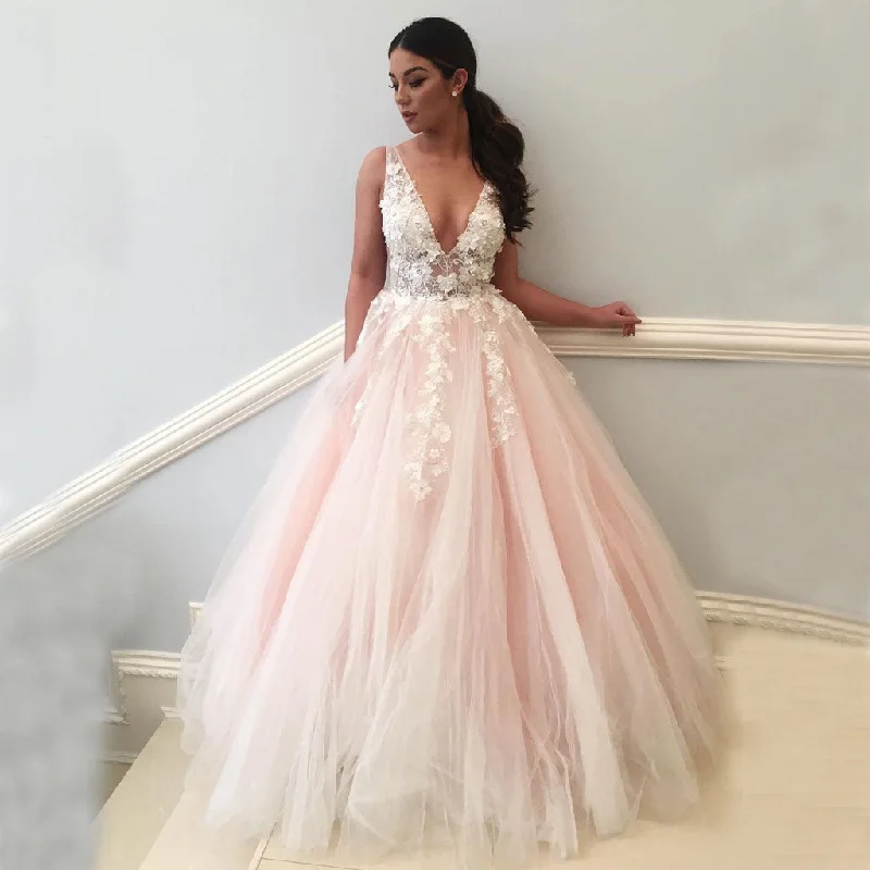 Deep V-Neck Charming Tulle Prom Dress, A-Line Applique Prom Dress, Backless Prom Dress, KX179 Tunics Vintage classic