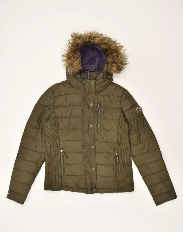 SUPERDRY Womens Hooded Padded Jacket UK 14 Large Khaki Polyester Zip Front Button Front Snap Front SUPERDRY Womens Hooded Padded Jacket UK 14 Large Khaki Polyester Zip Front Button Front Snap Front