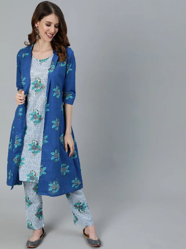 Women's Blue Floral Print Kurta Pant With Jacket - Aks Chenille Jacket Brocade Jacket Lace Jacket