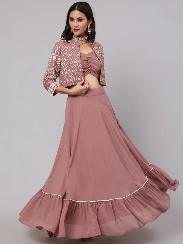 Women's Mauve Solid Lehenga Choli With Embroidered Jacket Set - Aks Denim Jacket Leather Jacket Suede Jacket