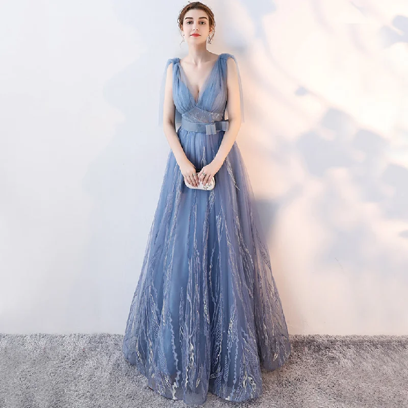 Long Tulle V-Neck Prom Dresses, Backless Sexy Floor-length Applique Prom Dress, LB0848 sweetheart Neckline Romantic